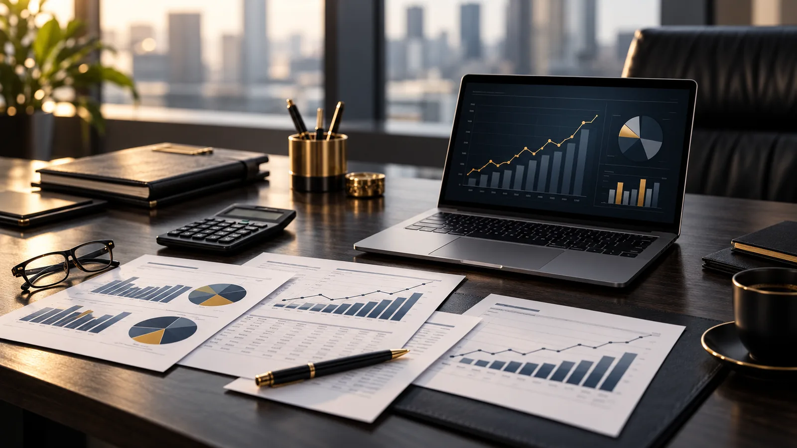 Documentos financeiros e computador utilizados no planejamento tributário empresarial.